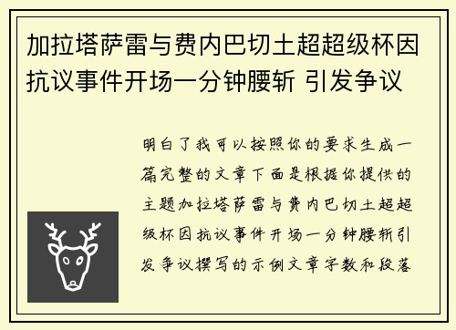 加拉塔萨雷与费内巴切土超超级杯因抗议事件开场一分钟腰斩 引发争议