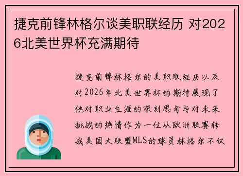 捷克前锋林格尔谈美职联经历 对2026北美世界杯充满期待