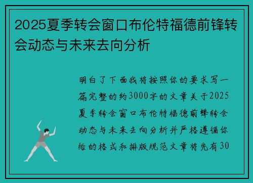 2025夏季转会窗口布伦特福德前锋转会动态与未来去向分析