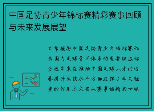 中国足协青少年锦标赛精彩赛事回顾与未来发展展望